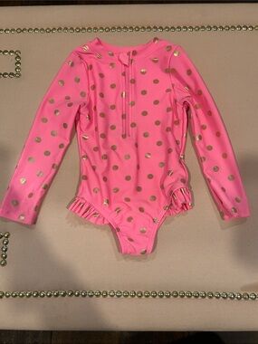 Wonder Nation Pink Long-Sleeve Swimsuit with Gold Polka Dots